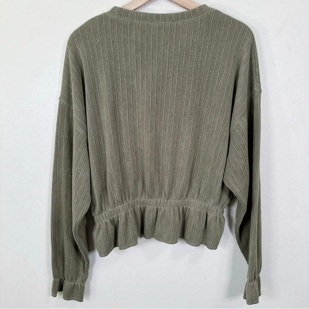 Zara Womens Size Medium Crew Neck Textrued Ribbed Long Sleeve Ruched Waist Top